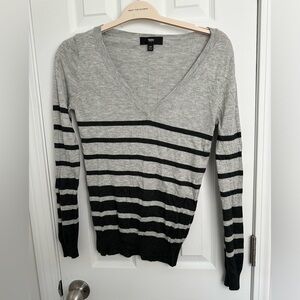 Grey and dark grey striped v neck sweater